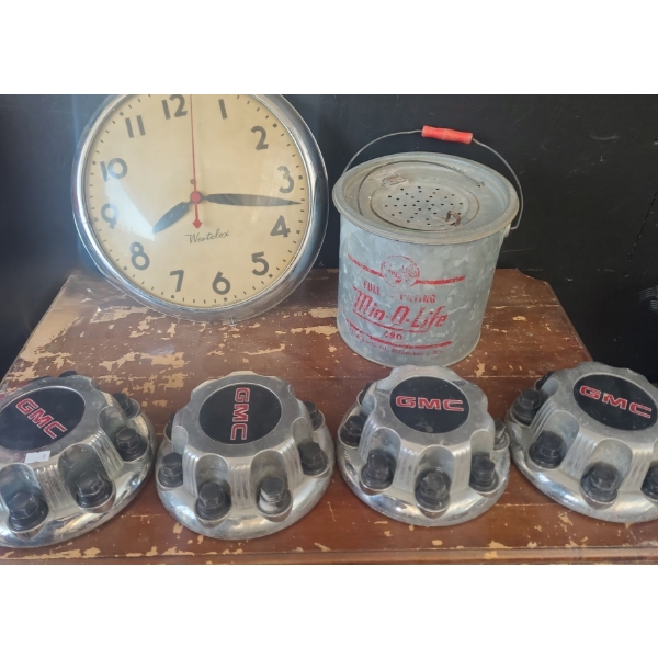 Vintage Westclock Wall Clock 15" Diameter, GMC Centrecaps 8.5" Diameter (Underside), Min-O-Life Pail