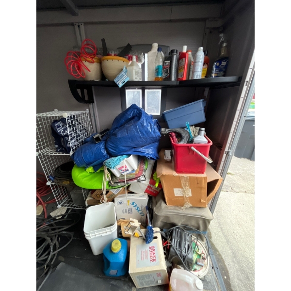 Bulk l lot of miscellaneous items, tarps, battery, chargers, brake, buddy hitch shelving, and unknow