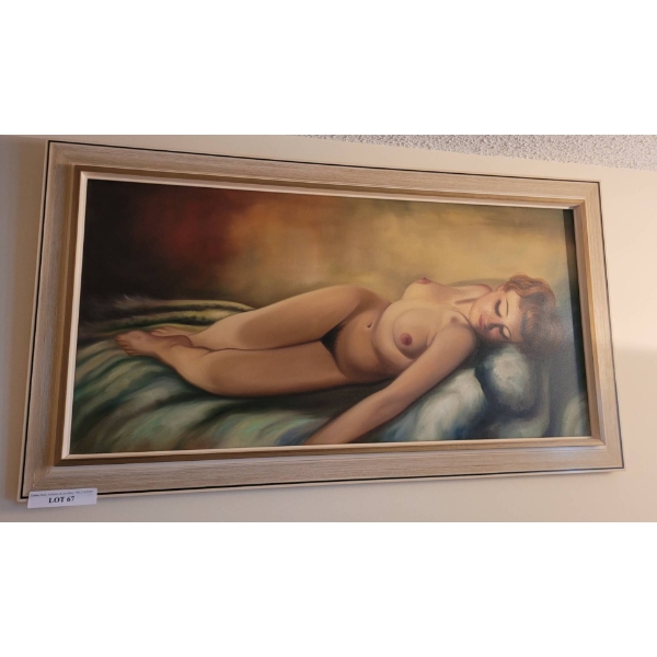 Framed Oil Painting of Reclining Nude With Unknown Signature