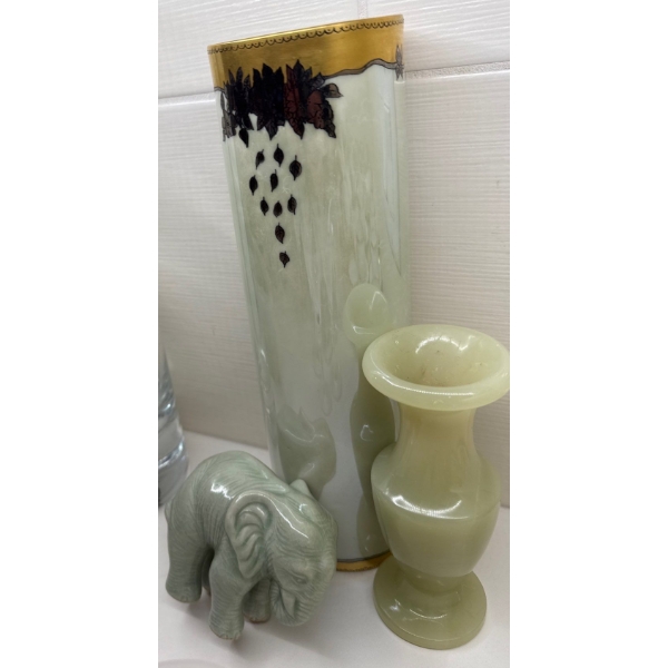 Antique Daum Nancy Etched Enamel Gilt Vase 15.5"Tall w/ Afgan Jade Onyx Vase & More