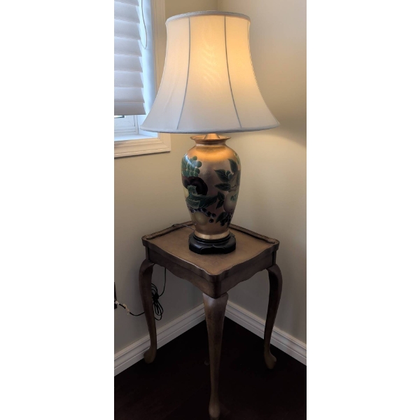 Hand-Painted Table Lamp with Fruit Motif and Wooden Side Table