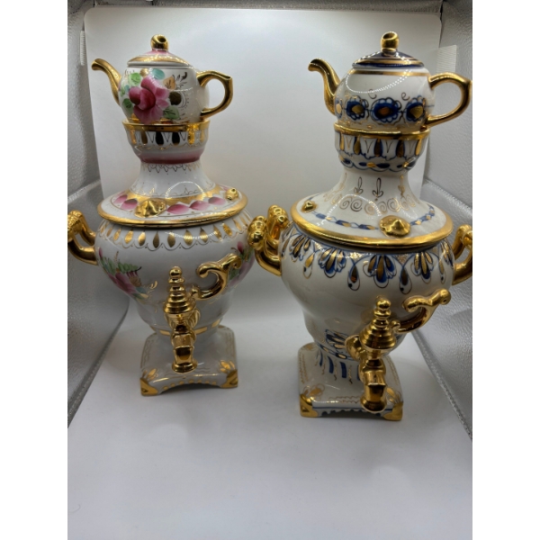 2 Gzhel porcelain samovar, decorative Russian tea urn. from the Russian Federation. these were all h