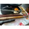 Image 2 : antique bamboo fishing rod with pair of leather moccasins and a tackle box with contents