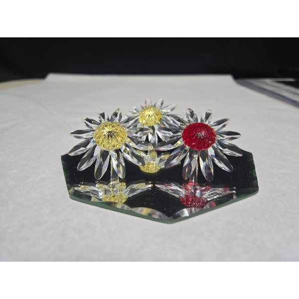 3 Swarovski Crystal Flowers (2"L) 2 Yellow 1 Red, Sitting on Made in France Mirror