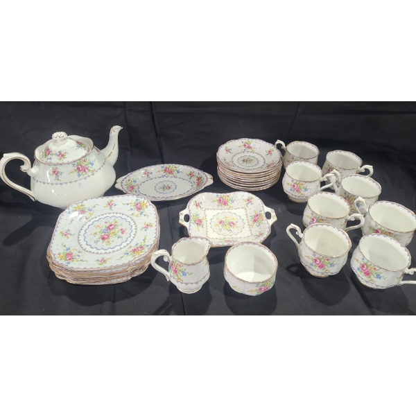 Royal Albert "Petit Point" Pattern Teaset: Teapot, Teacups, Plates, Cream & Sugar, Serving Dishes