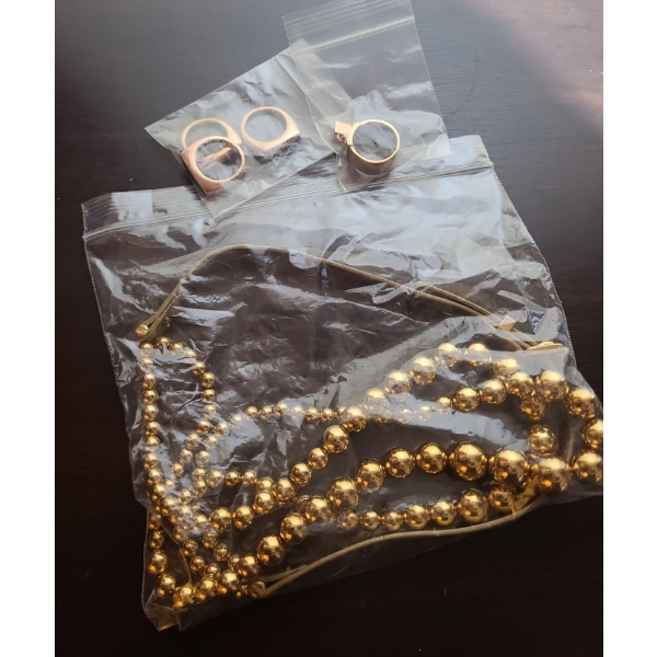 Michael Kors Fashion Jewelry: Gold Bead Necklace, Rose Gold Three Stackable Rings and Locket Ring