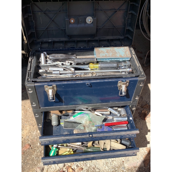 Metal Toolbox with Three Compartments and Assorted Tools