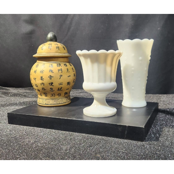 Confucius Teachings Urn and Pair of Milk Glass Vases