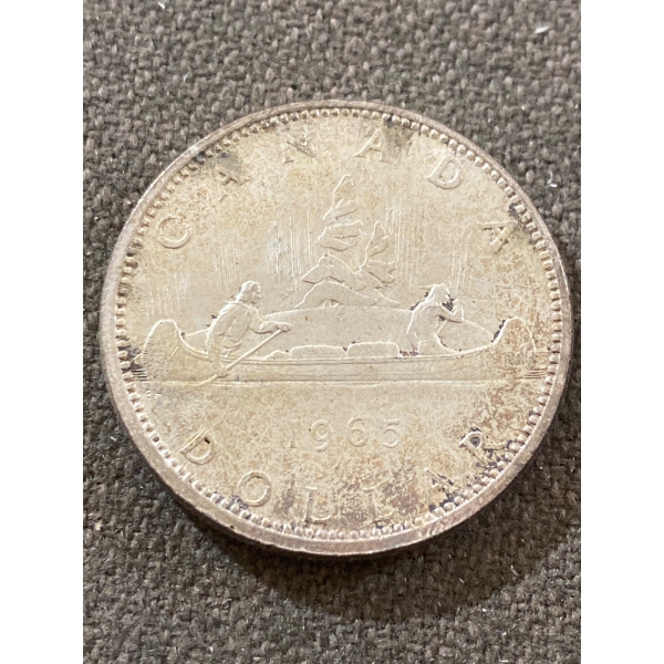 1965 Canadian Silver Dollar Coin with Canoe and Queen Elizabeth II Design