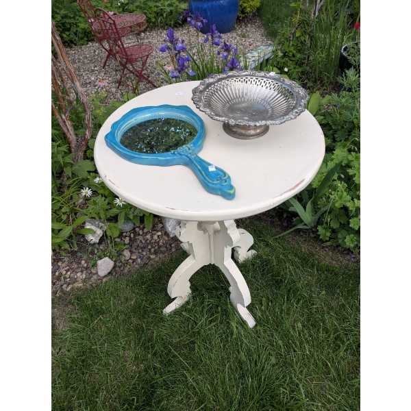 White Painted Side Table with Silver-Coloured Bowl and Blue Hand Mirror
