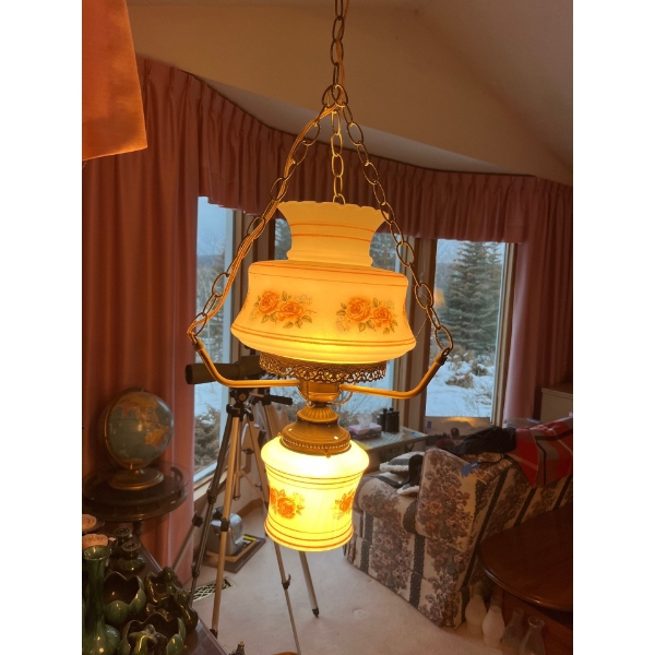 vintage hand-painted hurricane-style hanging lamp with a floral glass globe and brass-toned metal ac