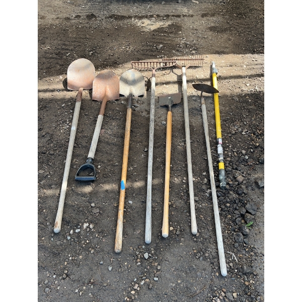 8 Mixed Garden Tools Including Shovels, Rakes, and Hoe