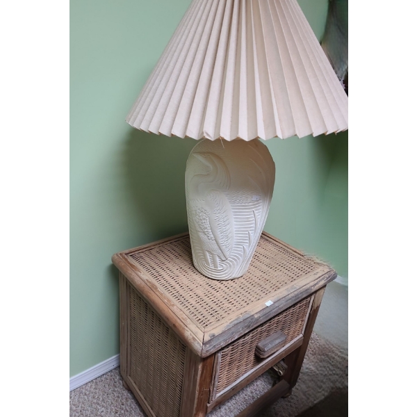 Wicker Side Table 21 W, 17 D, 22 T  and Ceramic Heron Lamp w/ Pleated Shade 29 T to Finial 