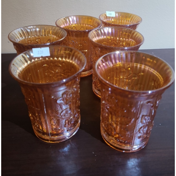 Set of 6 Vintage Carnival Glasses w/ Rose Design 3.5" Diameter Top, 4 T 