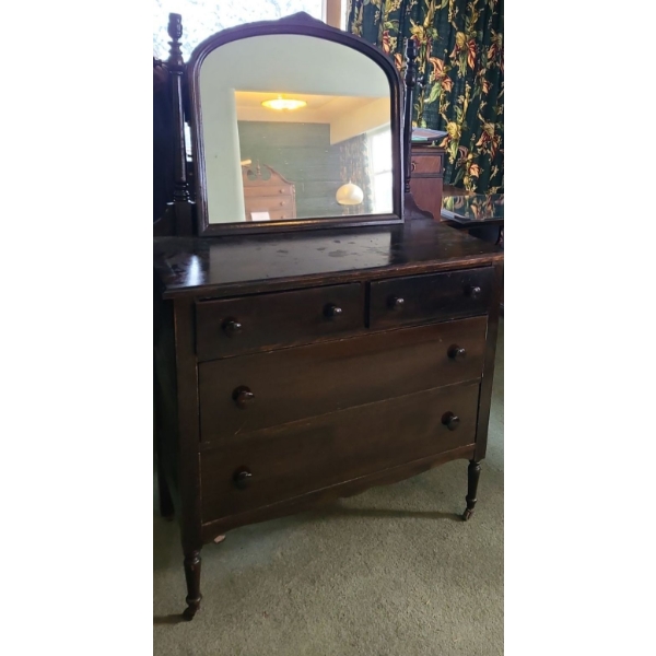 Antique Dark Wood Finish Dresser with 4 Drawers and Mirror 61 T to Top of Light Fixtures 38 L,  19 W