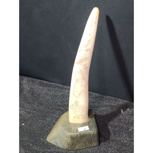 Indigenous Art Carved Ivory on Soapstone Base, Artist: Simanuk Kilabuk, 4 W, 4.5 D, 10.5 T 