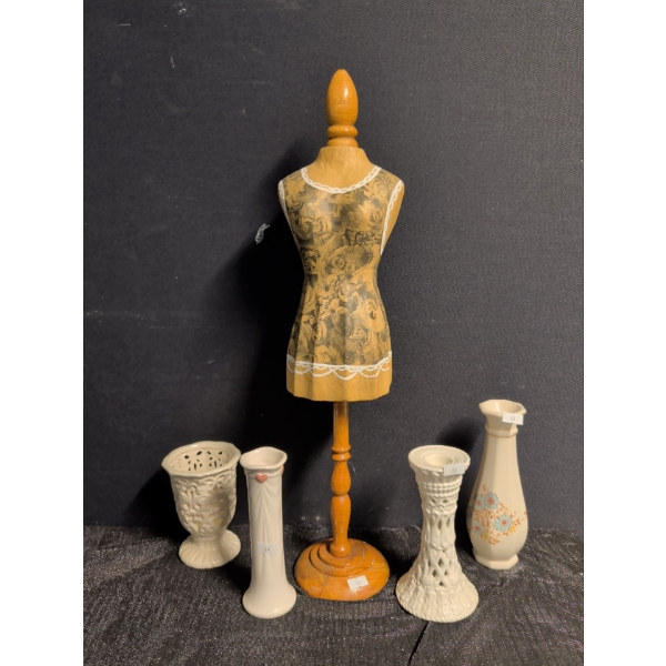 Candlestick Holder, Vases and Miniature Dress Form 22 Inches Tall