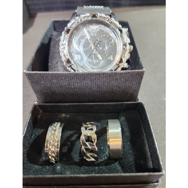 Mens Chronograph-Style Zhowe Watch with Rubber Strap and Metal Ring Set