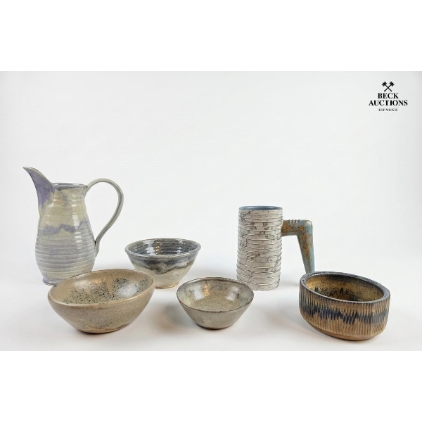Collection Of Handmade Studio Pottery Pieces , Pitcher, Mug, And Various Bowls.