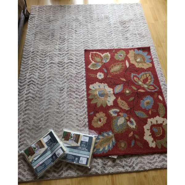 Beige Chevron Pattern Area Rug 60 w x 84 l & Small Floral Rug 30 w , 45 l