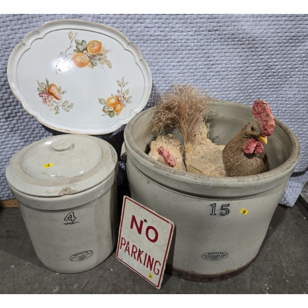 15 Gallon Medalta Crock (Cracked) + 4 Gallon Lidded Medalta Crock (Chipped)