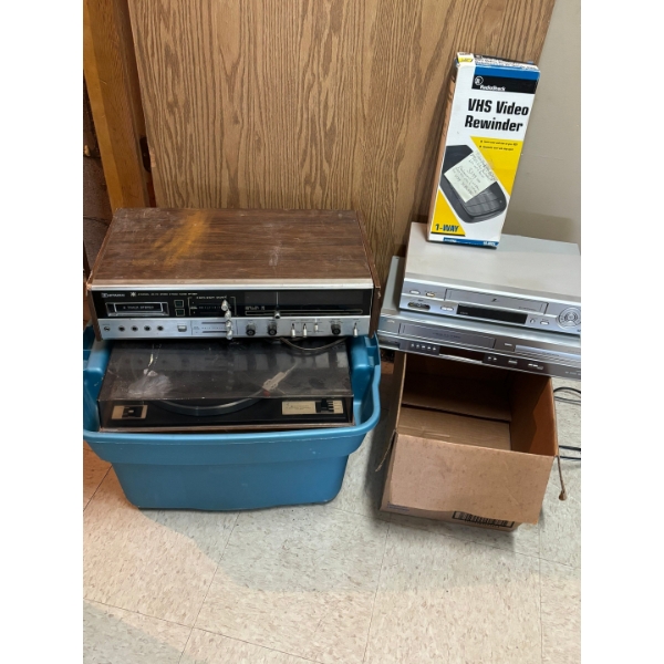 Hitachi a track and record player, Zenith, VCR and Phillips VCR and DVD player along with a VHS vide