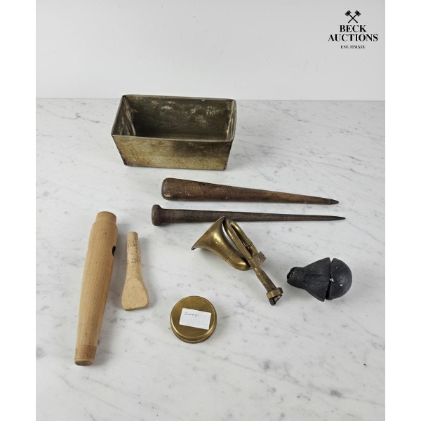  Collection Of Antique Brass And Wood Tools , Antique Surveyor’s Cross with Compass.