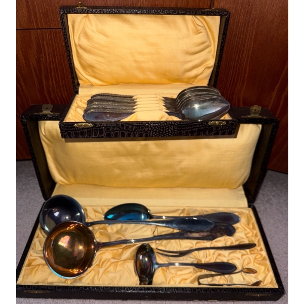 Stamped 900 Silver Flatware Collection w/ Hard Shell Storage Cases - Tblspns & Laddle Collection