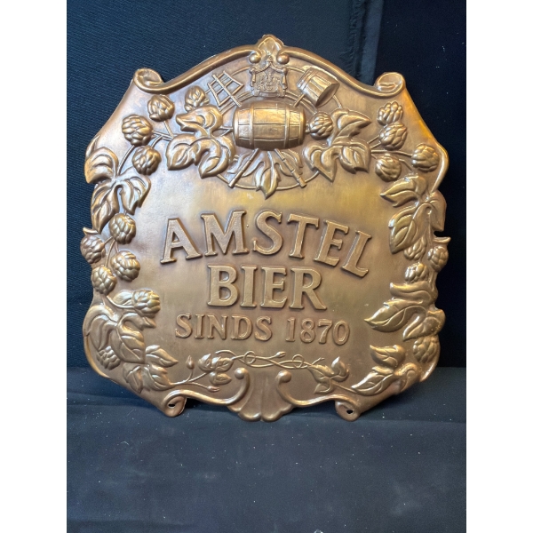 Embossed Metal Amstel Bier Sign with Decorative Hop Motif