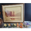 Image 4 : Lot Featuring Acoustic Guitar, Framed Lake Scene Print, Ceramic Figures, and Decorative Mug