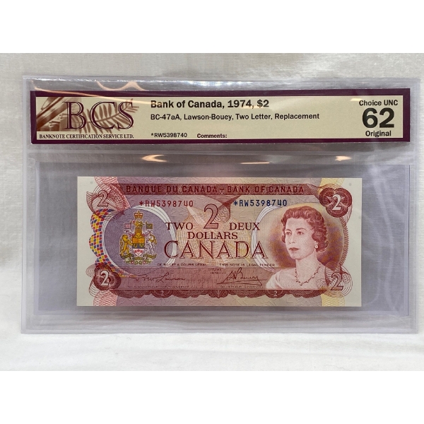 Graded Canadian 1974 $2 Choice UNC Prefix: *RW