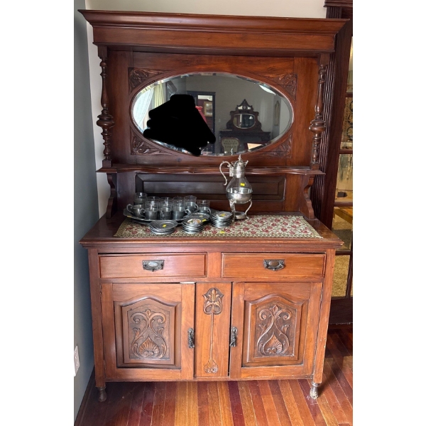 Gorgeous Hand Carved Art Nouveau Antique Wooden Sideboard, Contents NOT Included - 48W, 19D, 76T 