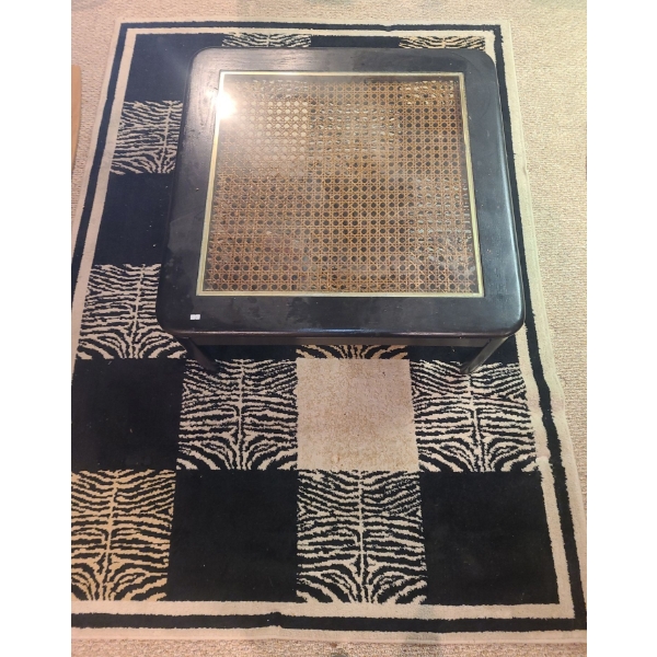 Coffee Table with Rattan and Glass Top 36 W, 36 D, 16 T and Zebra/ Checkered Area Rug 62 X 86