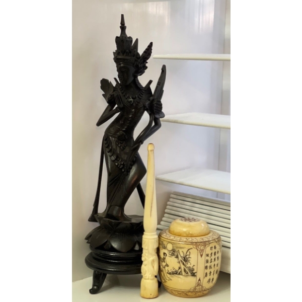Carved Ebony Balinese Goddess Carving Figure & Ivory Muddle Jug