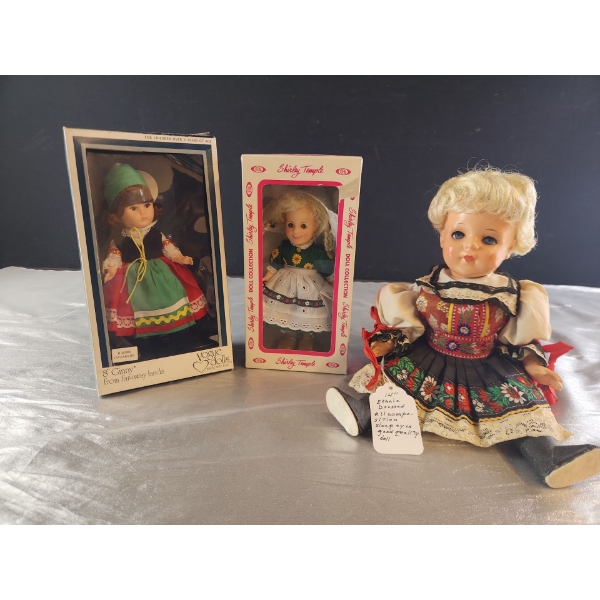 3 Vintage Dolls- Shirley Temple, Vogue Ginny, and Ethnie Dressed Doll