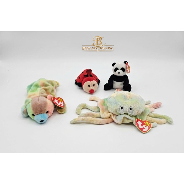 Collection Of Ty Beanie Babies Goochy the Jellyfish, Ladybug, Panda, Tie-Dye Bear