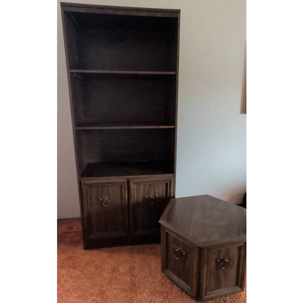 Wooden Bookcase with Cabinets and Matching Side Table