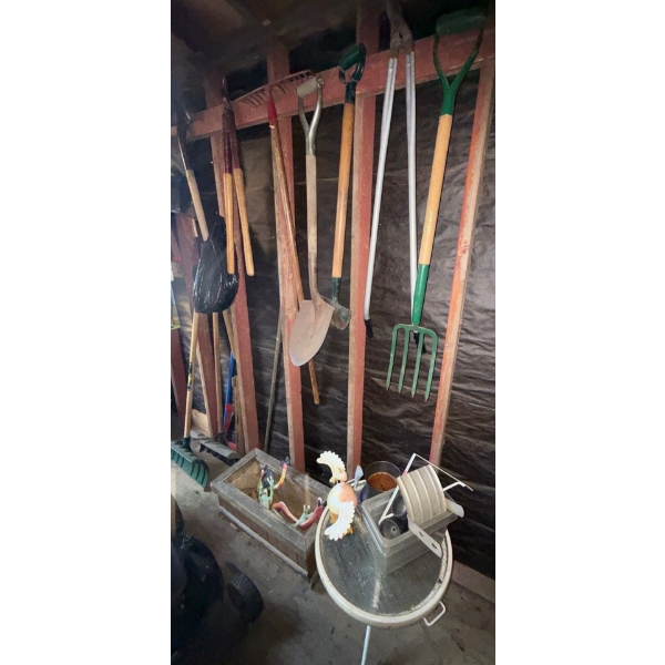 Wall Of The Shed Inners- Shovels, Rakes, Clippers, Brooms, Planters & More