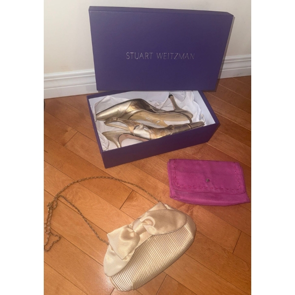 Stuart Weitzman Slingback Gold Pumps (7.5) w/ Luxury Clutch Bag & More