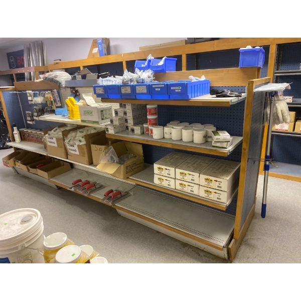 Double-Sided Wooden Store Display Shelves With Pegboard Backing