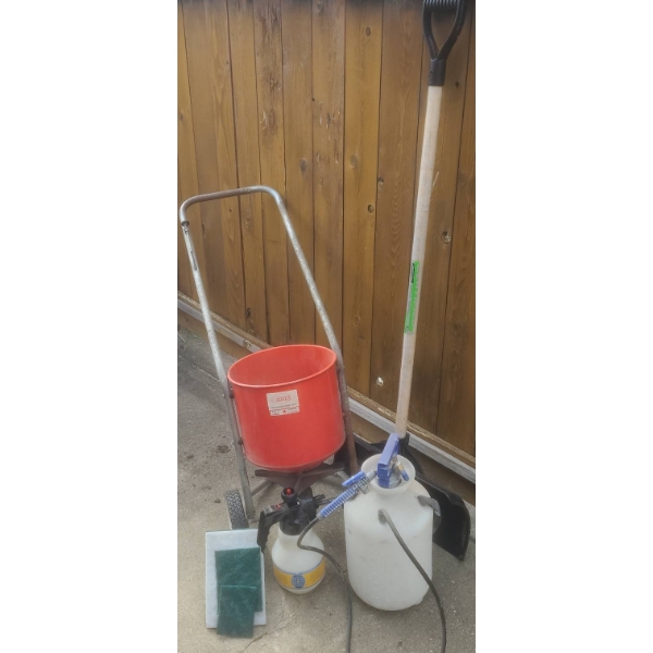 Yard Tools Lot: Erie Broadcast Spreader, Pump Sprayers, Snow Pusher