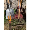 Image 3 : Garden supply lot, tomato’s cages, rakes shovels snippers and more