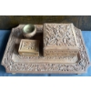 Image 4 : Hand Carved Vanity Set w/ Brass Towel Holder Vintage Linens & More