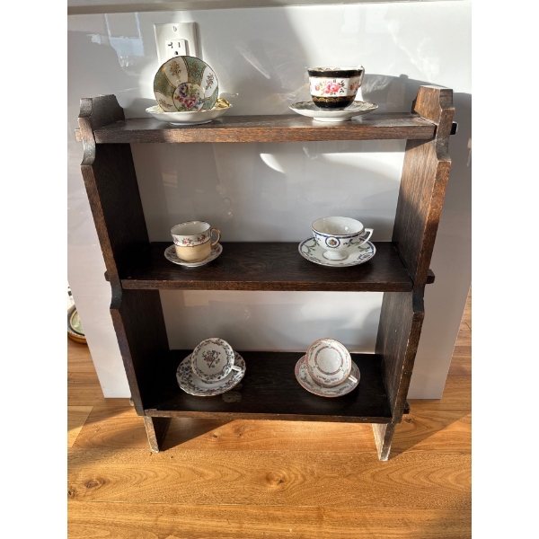 6 Assorted Antique Tea Cups w/ Handmade Wood Shelf 24T