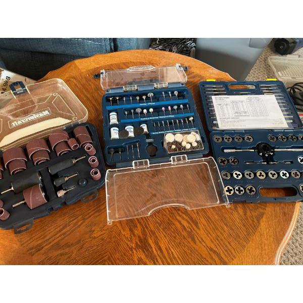 Dremel drill bit, set tapping set with extra drill, bits and a complete box with sanding attachments