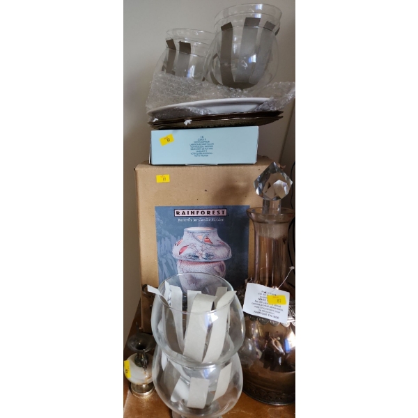 Butterfly Jar (New in Box), Decanter 13 T, Plates 9" Diameter, Urn Vases 3 ,4 T, Glass Candleholders