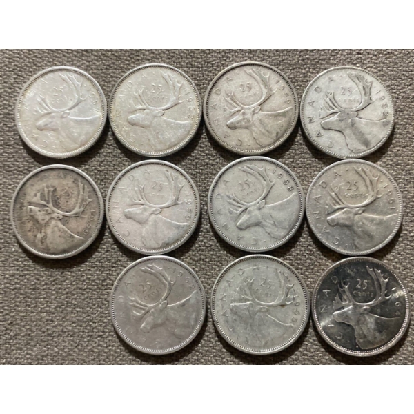 Canadian 25-cent Pieces 80% Silver 64.13 Grams