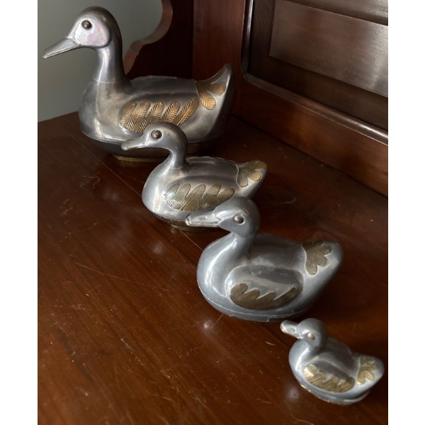 Heavy Pewter and Brass Duck Trinket Boxes, 4 Pieces, Hong Kong  - Lg is 8W, 6.5T 
