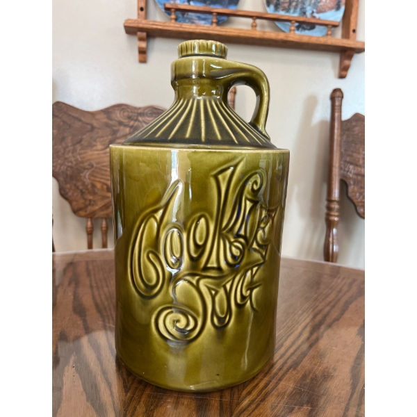 Vintage Retro Chic McCoy Moonshine Whiskey Jug Green Pottery Ceramic Cookie Jar