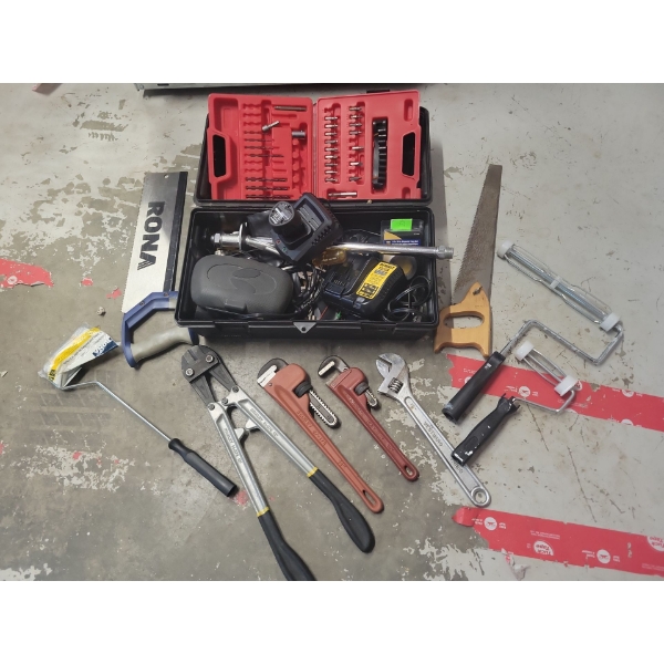 Assorted Hand Tool Collection - Bolt Cutters Pipe Wrench' Dewalt 20V Charger & More
